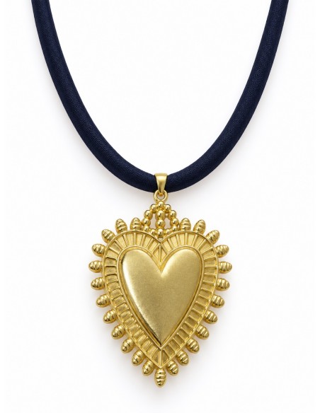 Collar Corazón Detente baño de oro y seda azul marino 50 cm