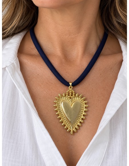 Collar Corazón Detente baño de oro y seda azul marino 50 cm
