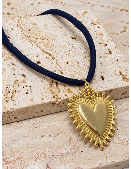 Collar Corazón Detente baño de oro y seda azul marino 50 cm