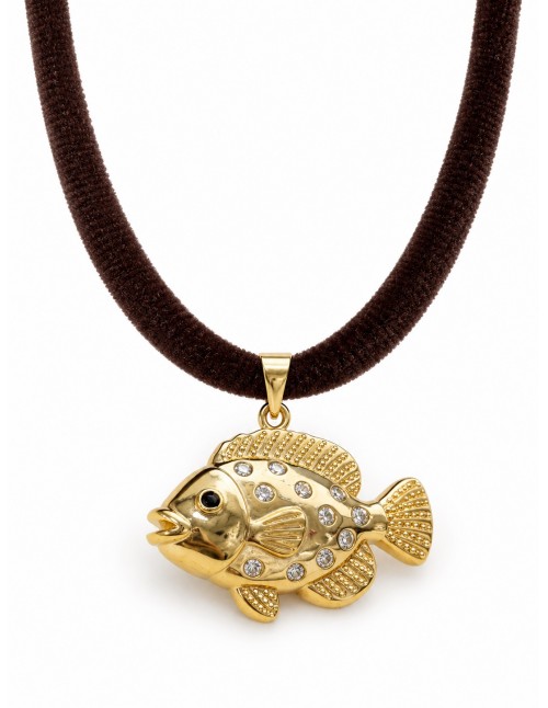 Collar Pez baño de oro con cordón de terciopelo café 50 cm