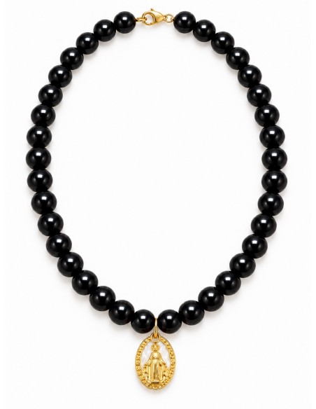 Collar Ónix 8 mm con medalla Virgen baño de oro 40 cm