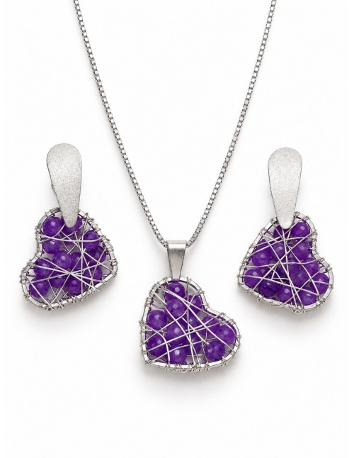 Conjunto Corazón baño de plata con ágatas moradas 4 mm