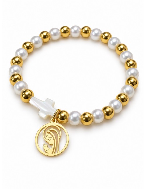 Pulsera elasticada de perlas con cruz y Virgen baño de oro