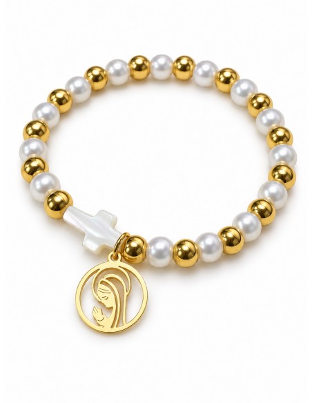 Pulsera elasticada de perlas con cruz y Virgen baño de oro