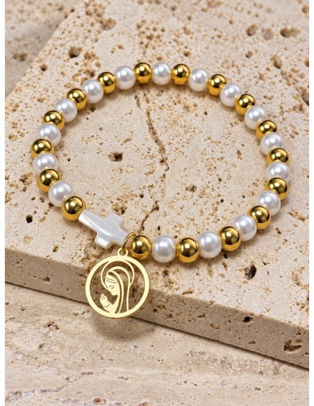 Pulsera elasticada de perlas con cruz y Virgen baño de oro