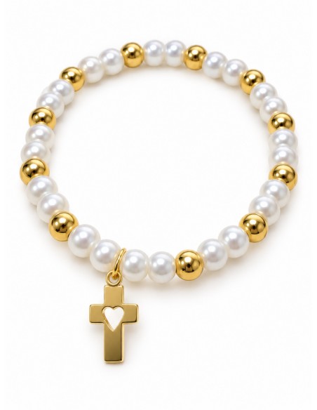 Pulsera elasticada de perlas con cruz corazón baño de oro