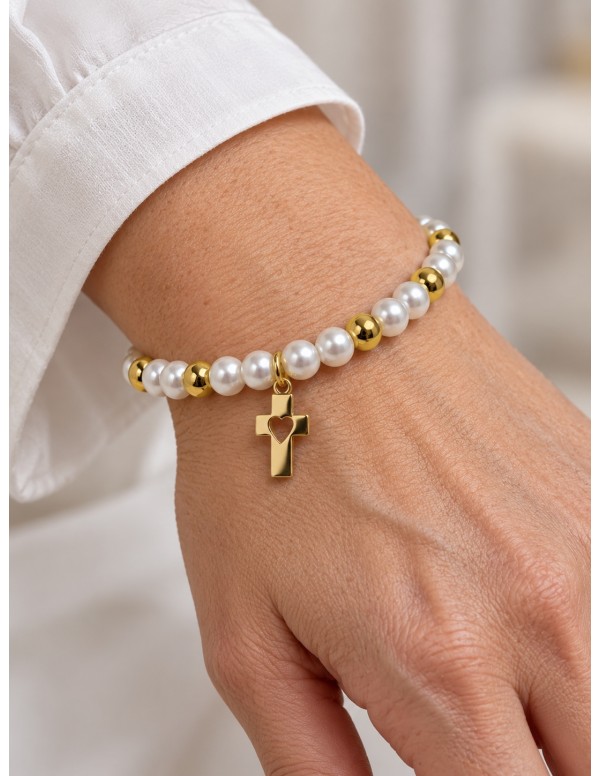 Pulsera elasticada de perlas con cruz corazón...