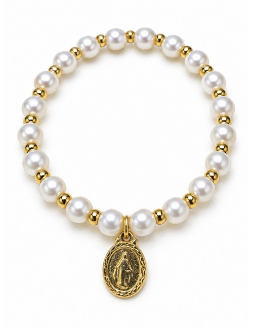 Pulsera elasticada de perlas con medalla de la Virgen...