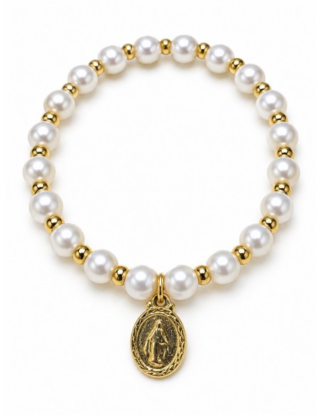 Pulsera elasticada de perlas con medalla de la Virgen baño de oro