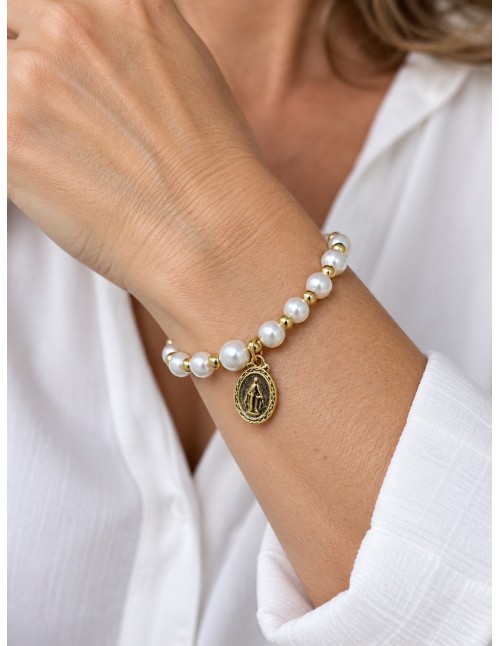 Pulsera elasticada de perlas con medalla de la Virgen... 2
