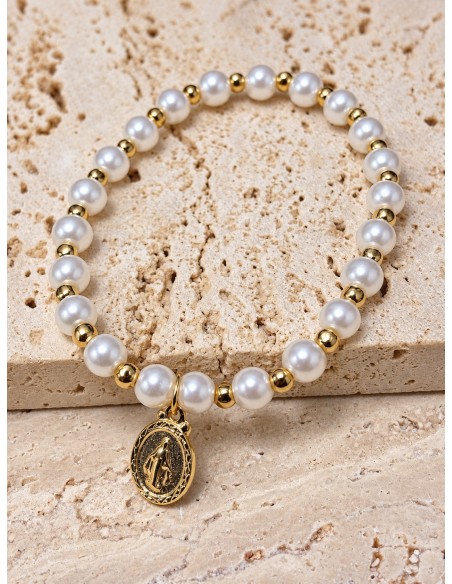 Pulsera elasticada de perlas con medalla de la Virgen baño de oro