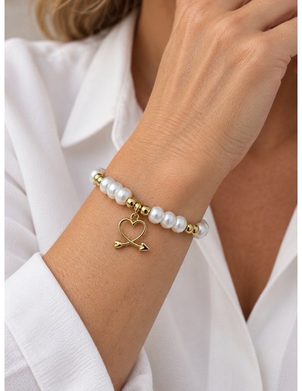 Pulsera elasticada de perlas con corazón y...