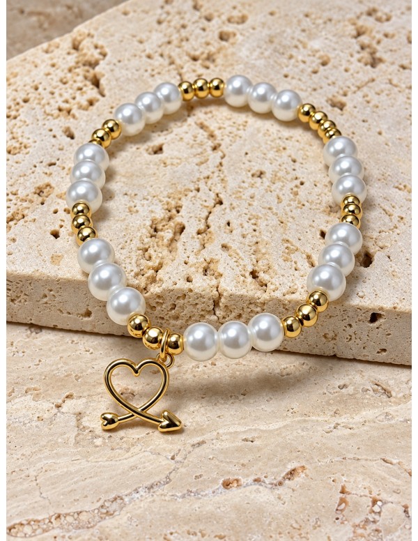 Pulsera elasticada de perlas con corazón y...