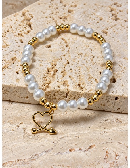 Pulsera elasticada de perlas con corazón y flecha baño de oro