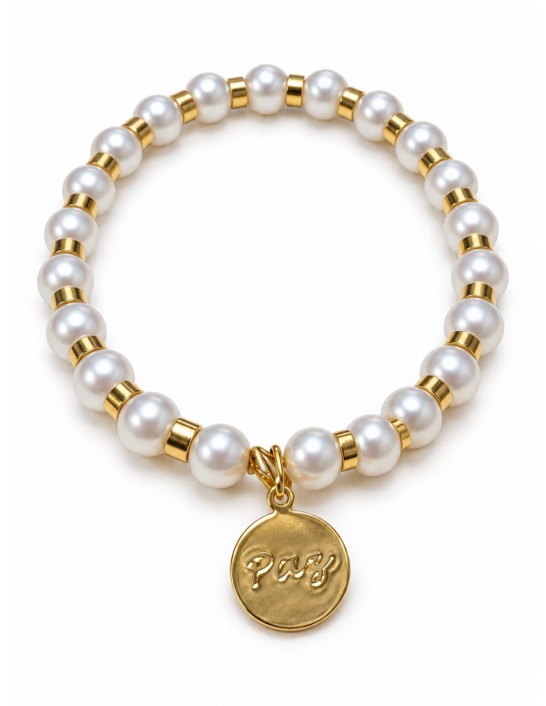 Pulsera elasticada de perlas con medalla Paz...