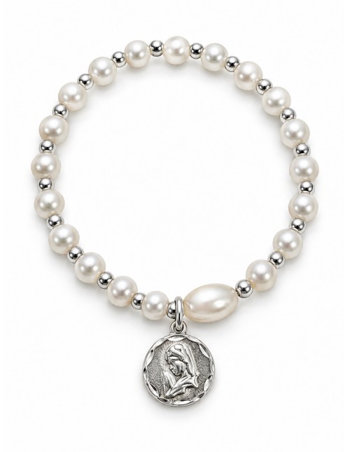 Pulsera elasticada de perlas con medalla de la Virgen...