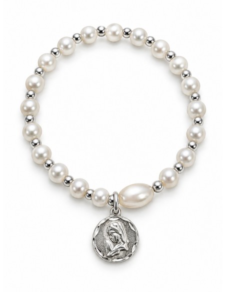 Pulsera elasticada de perlas con medalla de la Virgen baño de plata