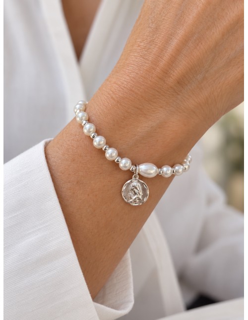 Pulsera elasticada de perlas con medalla de la Virgen... 2