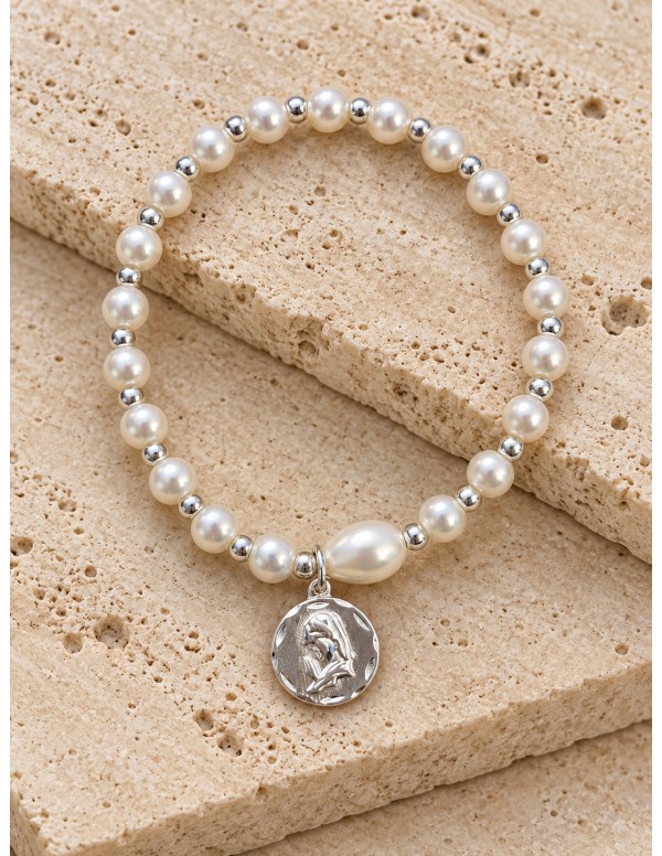 Pulsera elasticada de perlas con medalla de la...