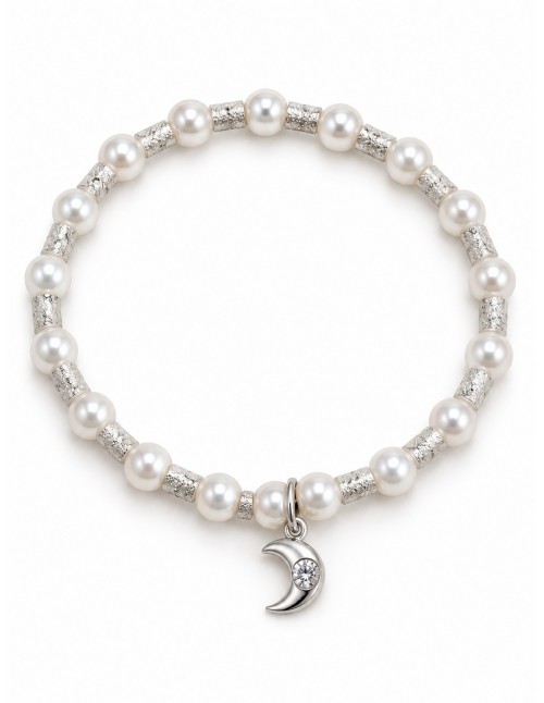 Pulsera elasticada de perlas con luna baño de plata
