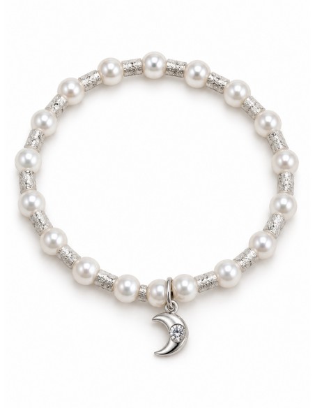 Pulsera elasticada de perlas con luna baño de plata