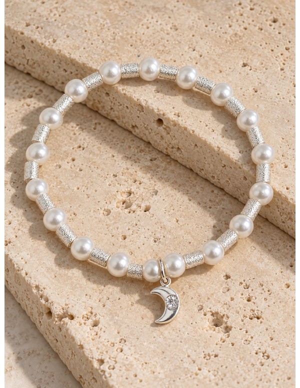 Pulsera elasticada de perlas con luna baño de...