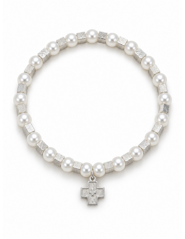 Pulsera elasticada de perlas con cruz baño de...