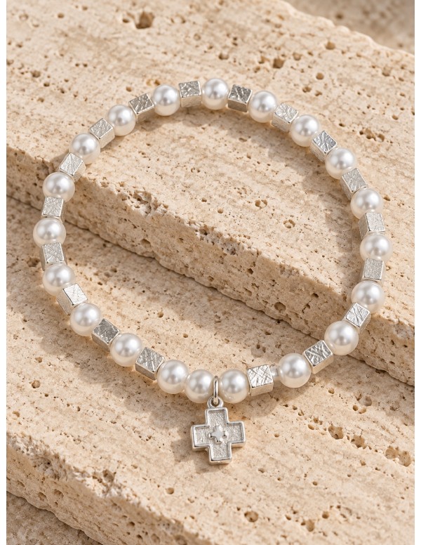 Pulsera elasticada de perlas con cruz baño de...
