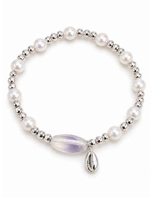 Pulsera de perlas con piedra lavanda y conchita baño de...