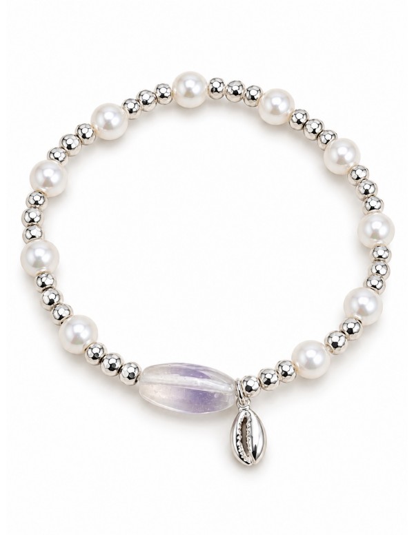 Pulsera de perlas con piedra lavanda y conchita...