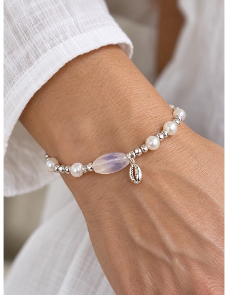 Pulsera de perlas con piedra lavanda y conchita baño de plata
