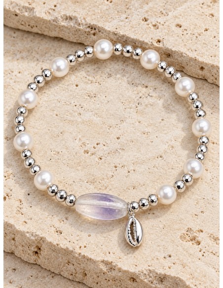 Pulsera de perlas con piedra lavanda y conchita baño de plata