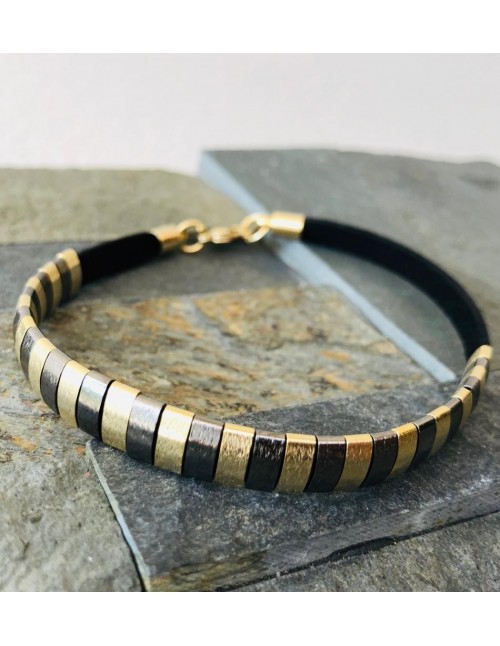 PULSERA BAÑADA EN ORO Y GRAFITO GAMUZA NEGRA