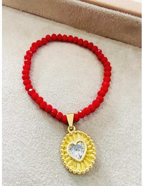 PULSERA BANO DEORO CRISTALES ROJOS DIJE DE CORAZON
