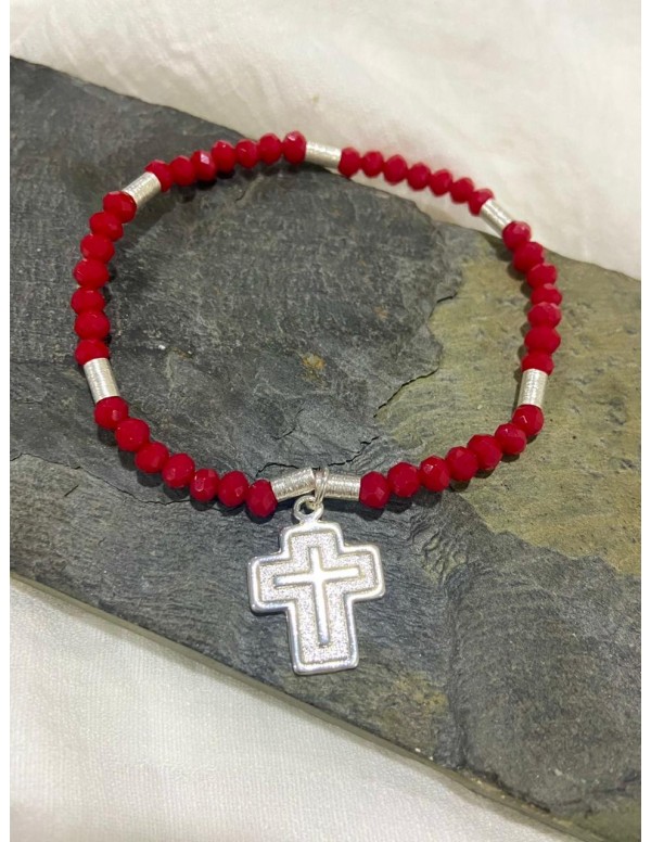 PULSERA ROJA BAÑO DE PLATA DIJE DE CRUZ