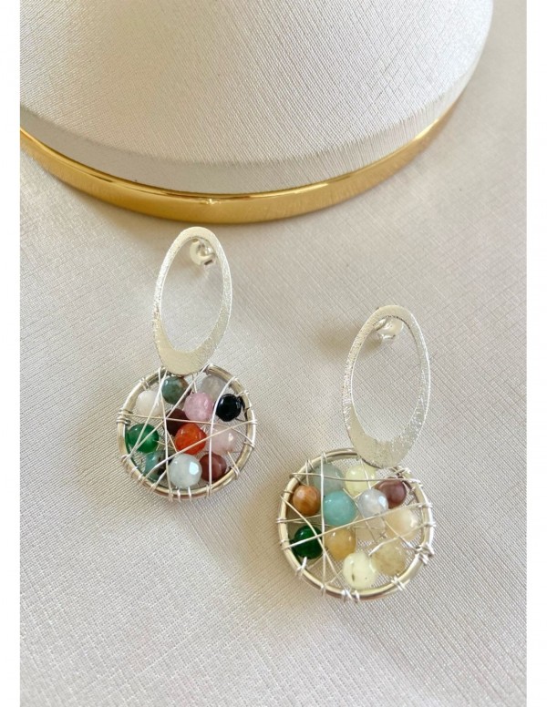 AROS BAÑADOS EN PLATA PIEDRAS AGATAS COLORES