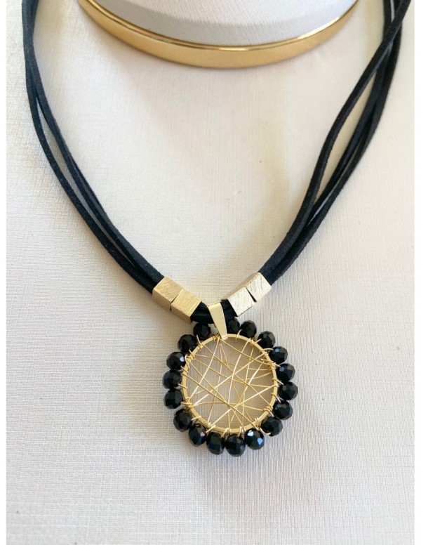 COLLAR 50+5CMS BAÑADO EN ORO CRISTALES NEGROS...