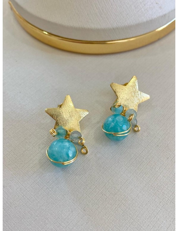 AROS BAÑADOS EN ORO PIEDRA CELESTE