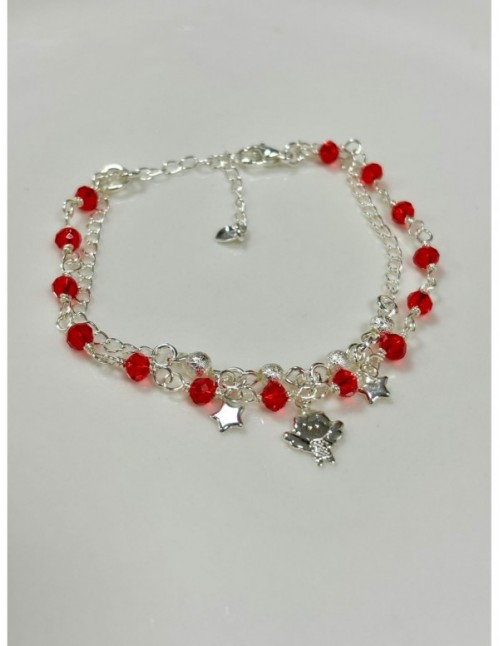 PULSERA DOBLE BAÑO DE PLATA ANGEL CRISTALES ROJOS