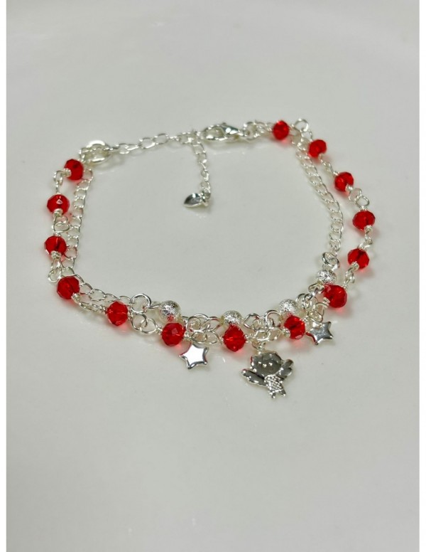 PULSERA DOBLE BAÑO DE PLATA ANGEL CRISTALES ROJOS