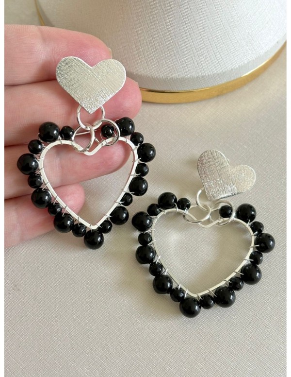 AROS BAÑADOS EN PLATA CRISTALES NEGROS