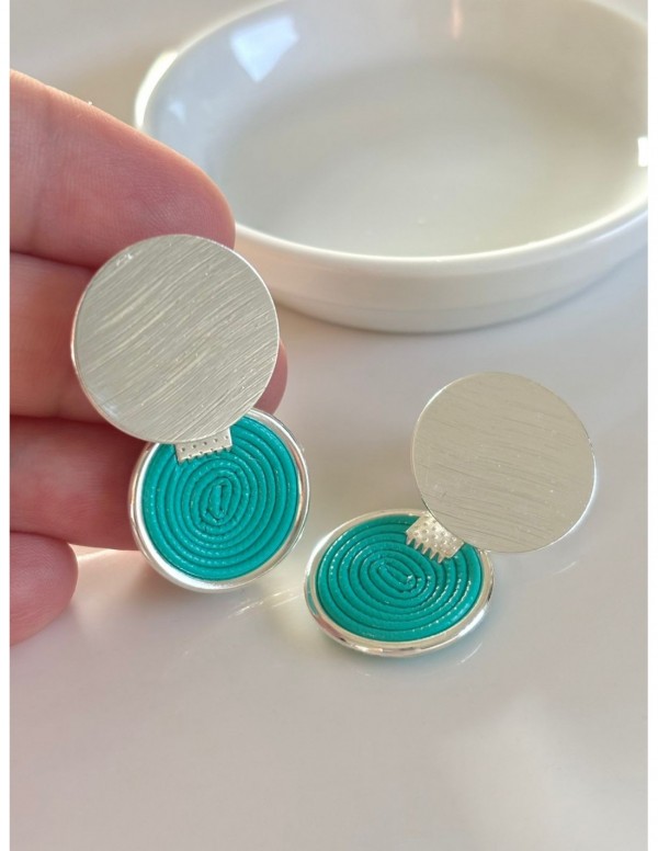 AROS BAÑADOS EN PLATA CUERO SINTETICO TURQUESA