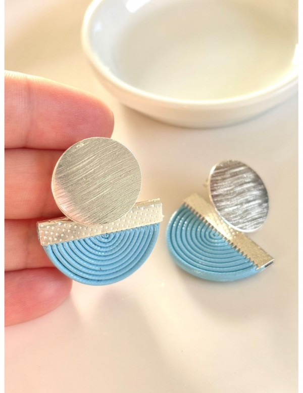 AROS BAÑADOS EN PLATA CUERO SINTETICA CELESTE