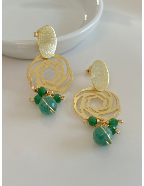 AROS BAÑADOS EN ORO PIEDRA VERDE