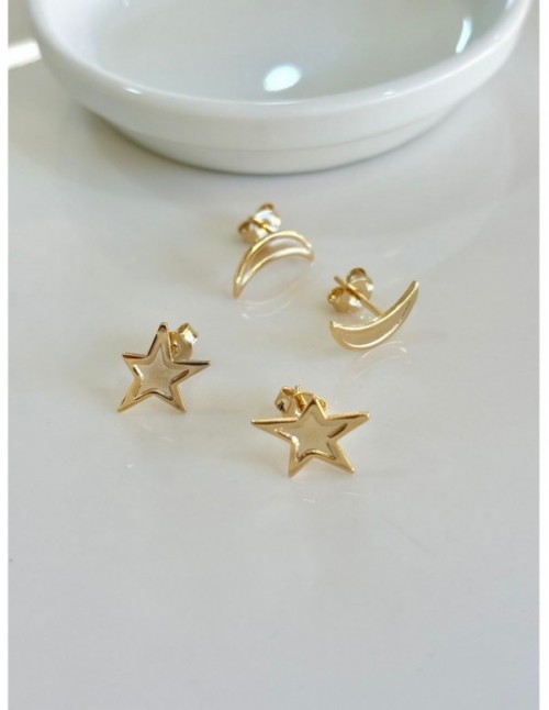 SET AROS BAÑADOS EN ORO LUNA Y ESTRELLA 13MM