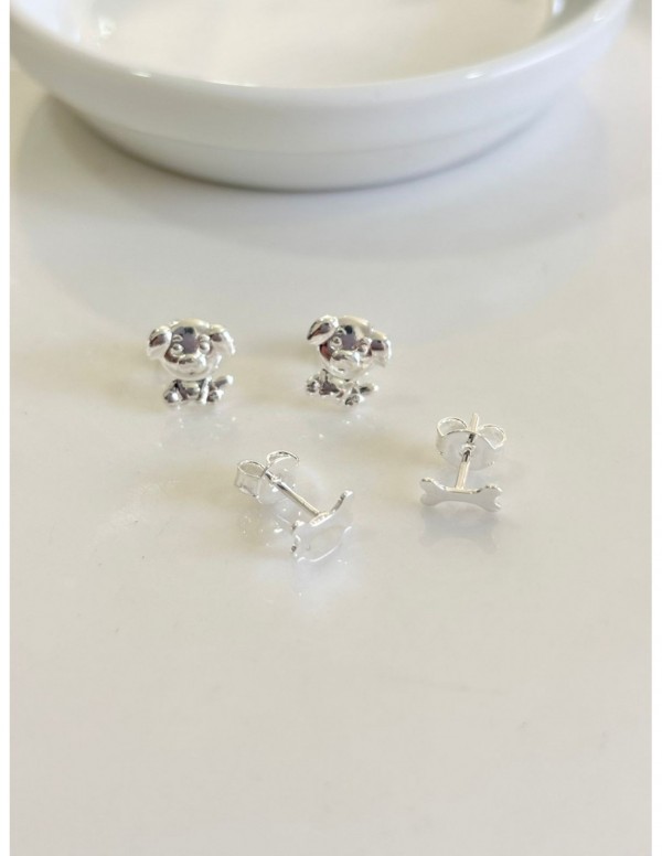 SET AROS BAÑADOS EN PLATA PERRO HUESO PEQUEÑOS