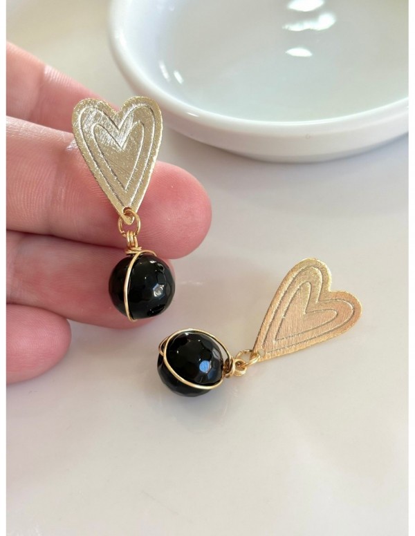 AROS BAÑADO EN ORO PIEDRA NEGRA 10MM